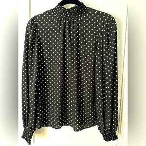 Cece Elegant Black White Polka Dot Women's Top small Smocked Neck Long Sleeve
